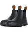 A pair of black soft toe boots with elastic side panels and pull tabs at the heel, featuring a brand logo.