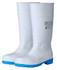 White boots with a blue sole, featuring a smooth surface and a branded logo on the side.