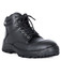 A black lace-up safety boot with a robust design and sturdy sole, featuring metal eyelets and a padded collar.