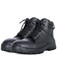 A pair of black lace-up safety boots with a rugged sole and padded collar. The boots feature metal eyelets and a logo.