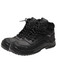 A pair of black safety boots featuring a high-top design, rounded toe, and robust laces.