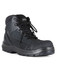 A safety boot in black and grey with a textured design, features laces and a protective toe cap.