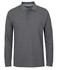 A long-sleeve polo shirt in grey with a collar and three buttons, featuring a logo on the chest.