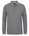 A long-sleeve grey pique polo shirt featuring a collar and buttons, with a logo on the chest.