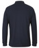 A dark navy long-sleeved pique polo shirt with a collar and branding on the back.