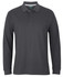 A long-sleeve black polo shirt with a collar and three buttons, featuring a logo on the chest.