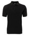 A black polo shirt featuring a three-button placket and short sleeves. It has a logo on the chest area.