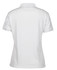 A ladies' polo shirt in white, featuring a classic design and a collar, with a logo on the back.