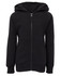 A black hoodie featuring a zip-up front, long sleeves, and a hood. The garment has a logo.