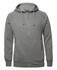 A grey zip-up hoodie featuring a hood and pockets, with a logo on the front.