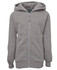 A grey hoodie with a full zip and a hood, featuring front pockets and a branding label inside.
