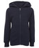 A navy hoodie with a zip front and a fitted design, featuring a hood and long sleeves. It includes a logo.