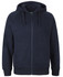A navy hoodie featuring a zip front, adjustable drawstring hood, and side pockets. It has a logo on the chest.