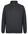 A dark grey 1/2 zip sweatshirt with a high collar and a zipper, featuring a brand logo.