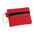 A red zippered pouch with a black zipper, featuring a carabiner clip for easy attachment.