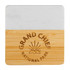 A marble and bamboo coaster featuring a light marble top and a bamboo base with an engraved logo.