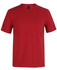 A red T-shirt with a round neck and short sleeves, featuring a logo on the label.