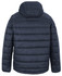A navy blue puffer jacket with a hood, featuring a quilted design and no visible front details.