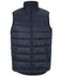 A dark navy puffer vest with a high collar, front zip, and side pockets. It features a logo on the front.