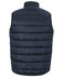 A navy puffer vest with a quilted design and a high collar, featuring a logo.