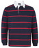 A navy blue rugby shirt with red horizontal stripes and a white collar. Features a logo on the upper section.