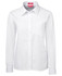 A white long-sleeved button-up shirt featuring a single chest pocket and a logo on the collar.
