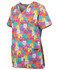 A colourful ladies scrub top featuring a playful cat print in various hues, with a logo on the side.