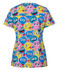 A printed scrub top featuring a vibrant design of multicoloured smiley faces in pink, yellow, and blue.