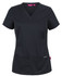 A black scrub top with a V-neck, short sleeves, and pockets, featuring a small logo on the side.