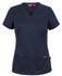 A navy scrub top featuring a V-neck design, short sleeves, and two front pockets. It has a branding logo.