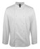 A white long-sleeve snap button chef’s jacket with a collar and logo detail.