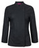 A black long-sleeve chef's jacket featuring snap buttons and a collar, designed for women. Includes a logo on the sleeve.