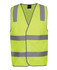 A safety vest in bright lime with reflective grey stripes and a logo. Ideal for visibility in work environments.