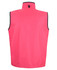 A reversible vest in bright pink with black trim, featuring a high collar and a logo.