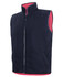 A navy reversible vest with a pink interior and a front zipper, featuring side pockets and a high collar.