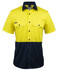 A short-sleeved work shirt featuring a bright yellow upper and navy blue lower, with two chest pockets and a logo.