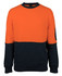 A cotton crew neck fleece jumper in orange and navy blue, featuring a pocket on the sleeve and a logo.