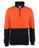 A work jumper featuring a half zip design in orange and navy, with a pocket on the sleeve and a logo.