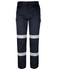 A pair of navy cargo pants featuring reflective D+N tape, with multiple pockets and a logo.