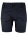 A pair of navy blue cargo shorts featuring multiple pockets and a button closure. Includes a logo.