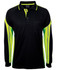 A long-sleeved black polo shirt with bright yellow stripes on the sleeves and a chest pocket. It features a logo.