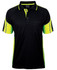 A black and hi-vis yellow polo shirt with short sleeves, featuring a pocket and a logo on the collar.