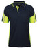 A navy blue and bright yellow polo shirt with reflective detailing and a single chest pocket. Includes branding.