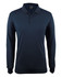 A long-sleeved navy blue polo shirt featuring a collar and three buttons, with a logo on the chest area.