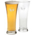 A Pilsner beer glass set featuring two glasses, one with beer and foam, both clear with a logo.