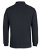 A black long-sleeve polo shirt featuring a collar and a simple design, with a logo on the chest area.