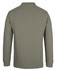 A long-sleeve olive green polo shirt with a collar and a logo on the back.