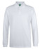 A long-sleeve polo shirt in white with a collar and a branding logo on the chest.