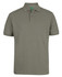 A short-sleeved polo shirt in olive green, featuring a three-button placket and a logo on the collar.