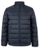 A dark blue puffer jacket with a front zip and a high collar, featuring a logo on one side.